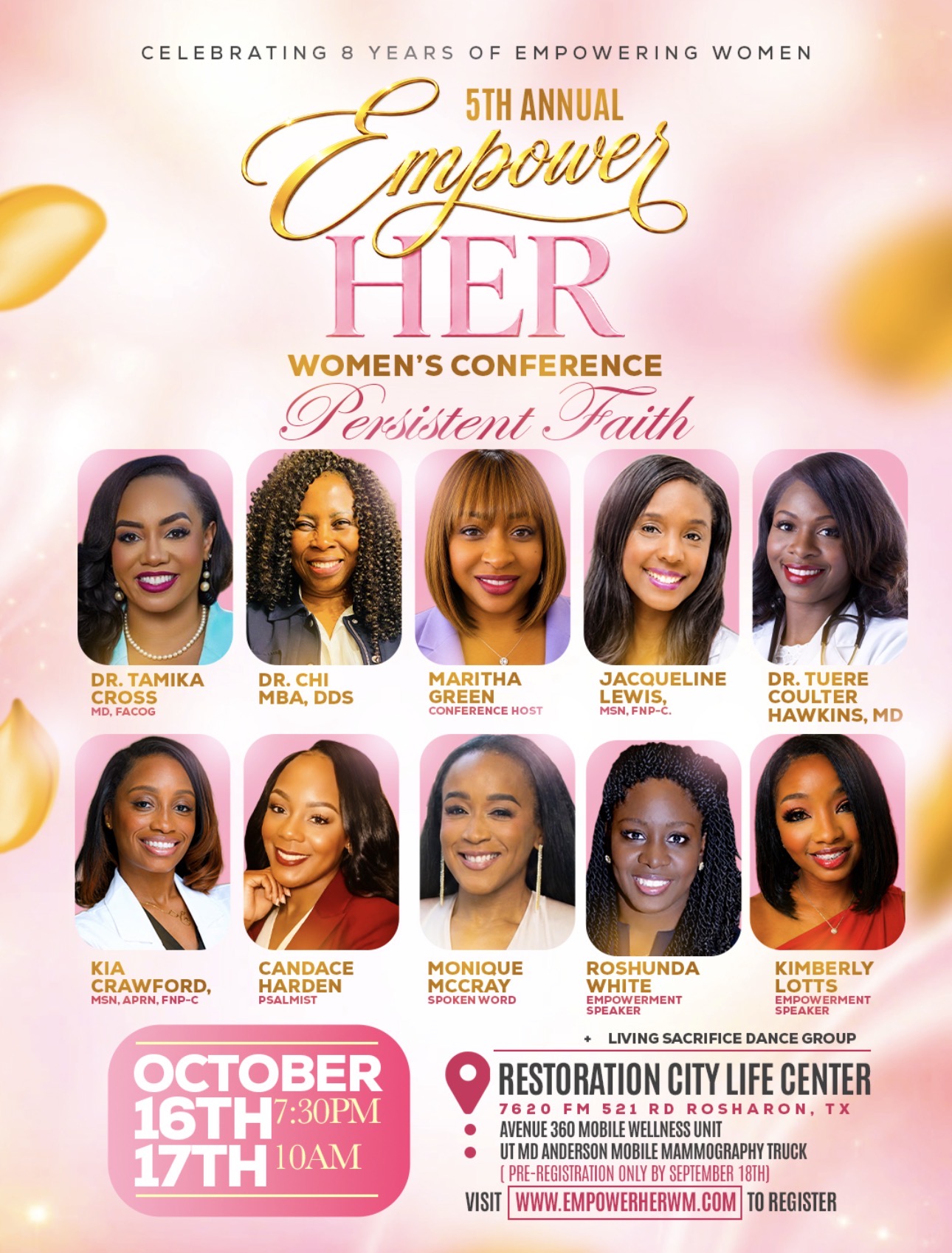 5th Annual Empower HER Women's Conference: Persistent Faith — October 16th at 7:30pm and October 17th at 10am, Restoration City Life Center, 7620 FM 521 Rd, Rosharon, TX