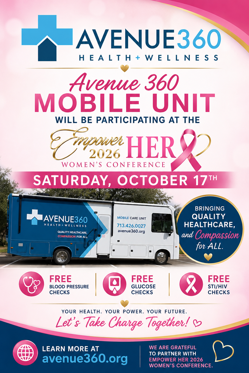 Avenue 360 Mobile Unit at the Empower HER 2026 Women's Conference, Saturday, October 17th — free blood pressure, glucose, and STI/HIV checks